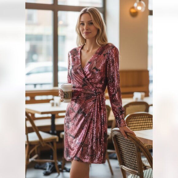 NWT Anne Klein Women's Sequin Faux Wrap Dress Color: Titian Red Multi 12 READ - Picture 1 of 10